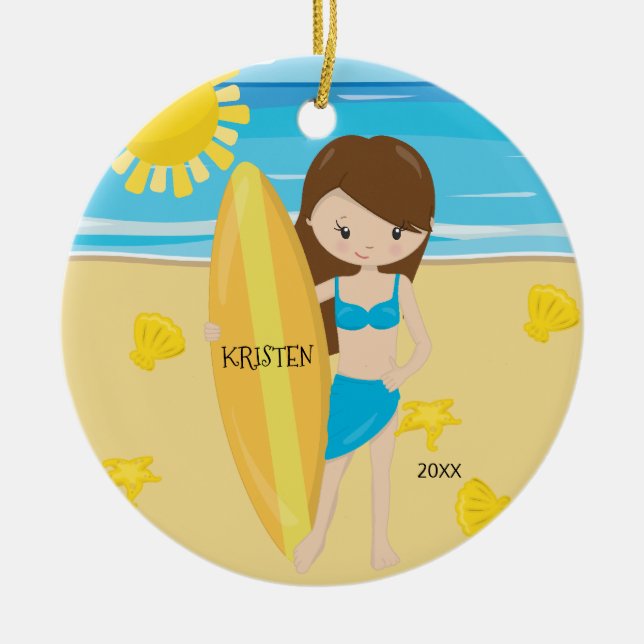 Ornamento De Cerâmica Natal personalizado do surfista menina triguenha (Frente)