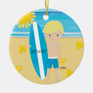 Ornamento De Cerâmica Natal personalizado do surfista menino louro