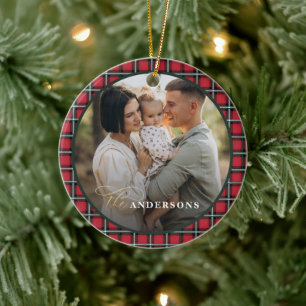 Ornamento De Cerâmica Natal personalizado do tartan tradicional vermelho