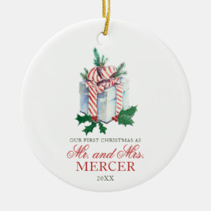 Ornamento De Cerâmica Natal Personalizado Elegante Recém-Casado