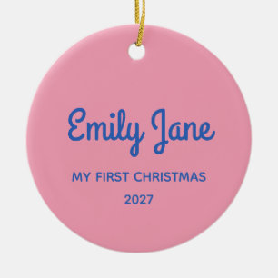 Ornamento De Cerâmica Natal Personalizado Fofo Rosa Azul Primeira Foto