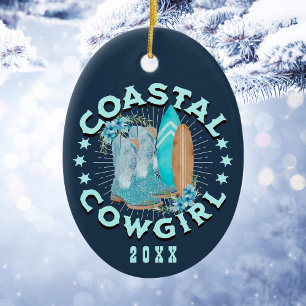 Ornamento De Cerâmica Natal Personalizado para a Cowgirl Costeira
