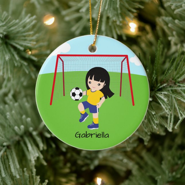 Ornamento De Cerâmica Natal personalizado para a garota de futebol de ca (Árvore)