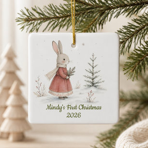 Ornamento De Cerâmica Natal Personalizado para Menina Coelho Primeiro