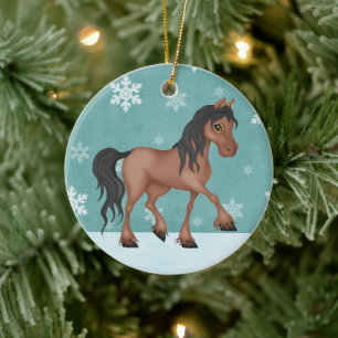 Ornamento De Cerâmica Natal Personalizado para o Cavalo Marrom Neve
