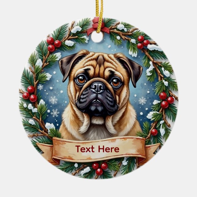 Ornamento De Cerâmica Natal Personalizado Pug  (Frente)