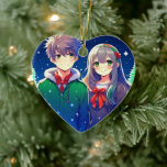 Ornamento De Cerâmica Natal Personalizado Romântico do Casal de Animes<br><div class="desc">Hora de Natal com um casal de anime fofo com um fundo de pinheiro nevado.</div>