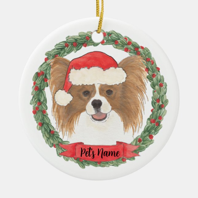 Ornamento De Cerâmica Natal Personalizado Vermelho e Branco Papillon (Frente)