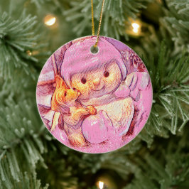 Ornamento De Cerâmica Natal Pink Snowman Girl and Dog Personalizado