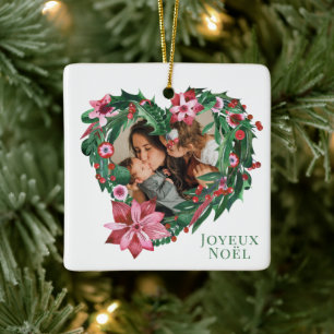 Ornamento De Cerâmica Natal Poinsettia Joyeux Noël Foto de Feriado