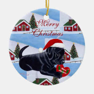 Ornamento De Cerâmica Natal preto personalizado do filhote de cachorro
