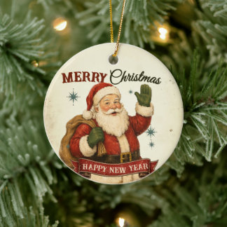Ornamento De Cerâmica Natal Retrô Feliz e Ano Novo Feliz
