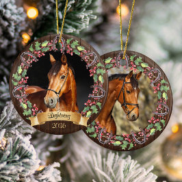 Ornamento De Cerâmica Natal Rústico Personalizado com 2 Fotos de Cavalo
