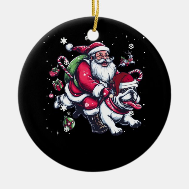 Ornamento De Cerâmica Natal Santa Claus Andando Inglês Buldogue Xmas (Frente)