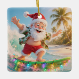 Ornamento De Cerâmica Natal Tropical do Papai Noel Surfista