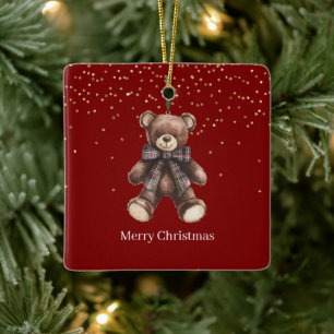 Ornamento De Cerâmica Natal Urso de Pelúcia Vermelho Confete Dourado