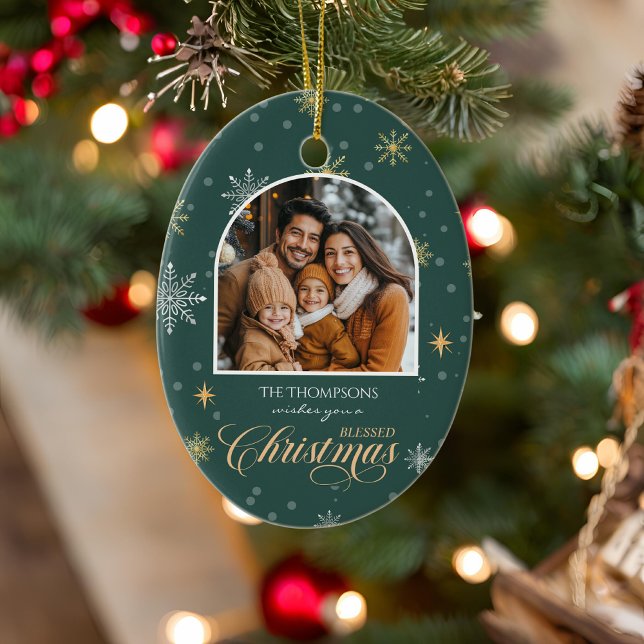 Ornamento De Cerâmica Natal Verde com Flocos de Neve Modernos (Criador carregado)