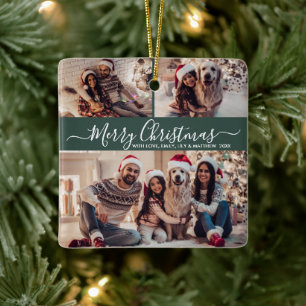 Ornamento De Cerâmica Natal Verde da Colagem de Fotos do Elegant Script