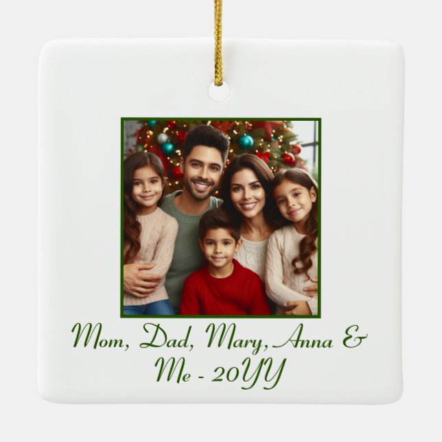 Ornamento De Cerâmica Natal verde personalizado "Feliz e Brilho" (Verso)