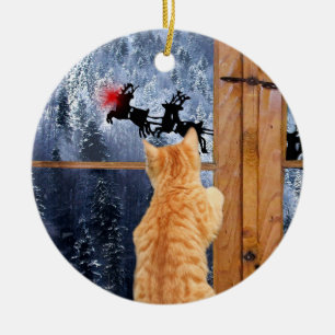 Ornamento De Cerâmica Natal vermelho alaranjado do ponto do gato de gato
