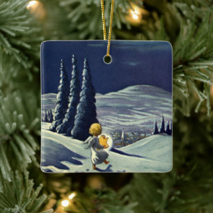 Ornamento De Cerâmica Natal vintage, anjo da neve que anda com uma