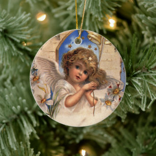 Ornamento De Cerâmica Natal vintage, anjo do Victorian com Bels Dourados
