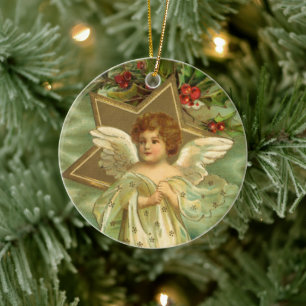 Ornamento De Cerâmica Natal vintage, anjo do Victorian com estrelas