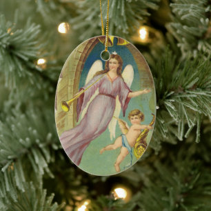 Ornamento De Cerâmica Natal Vintage, Anjo Vitoriano com Querubim