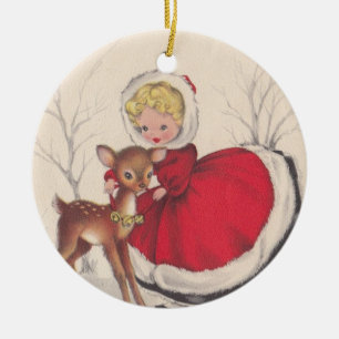 Ornamento De Cerâmica Natal vintage Garota Com Árvore De Veado