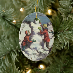 Ornamento De Cerâmica Natal vintage, luta do Snowball das crianças