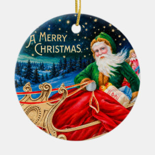 Ornamento De Cerâmica Natal Vintage Verde Trenó do Papai Noel Noite Estr