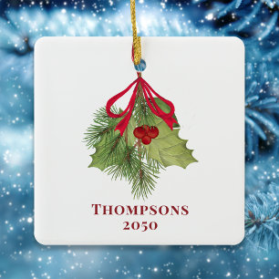 Ornamento De Cerâmica Natal Watercolor Holly Berries Greenery Simples