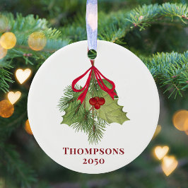 Ornamento De Cerâmica Natal Watercolor Holly Berries Greenery Simples