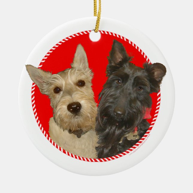 Ornamento De Cerâmica Natal Wheaten e Black Scotties (Frente)