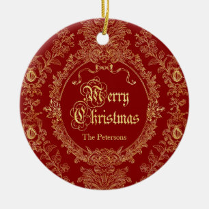 Ornamento De Cerâmica Natalina Clássica Vintage Vermelho Dourado Feliz N