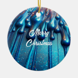 Ornamento De Cerâmica Natalina com gotas de líquido iridescente azul