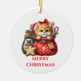 Ornamento De Cerâmica Natalina de Gatinho Fofinho e Ouriço