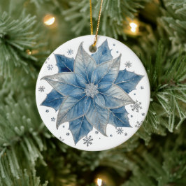 Ornamento De Cerâmica Natalina Poinsettia Azul e Prata Moderna