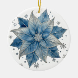 Ornamento De Cerâmica Natalina Poinsettia Azul e Prata Moderna