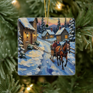 Ornamento De Cerâmica Natalina Vintage com Cavalo e Trenó na Neve