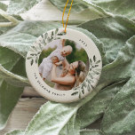 Ornamento De Cerâmica Naturalmente Joyful | Foto Personalizada Botânica<br><div class="desc">Este feriado comemora um ano especial com este elegante Enfeites de natal personalizado. Graciosos manchas de cor-d-água pintada verde-mudada enquadram sua foto com seu nome e o ano curvando. Adicione uma segunda foto ao verso.</div>