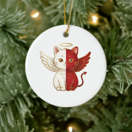 Ornamento De Cerâmica Naughty Cat Angel and Mischievous Cat Split Xmas