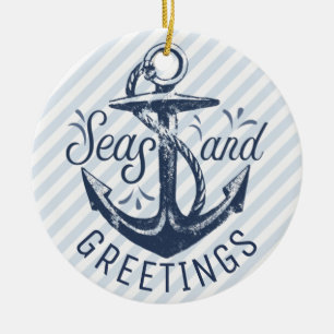 Ornamento De Cerâmica Nautical SEAsons Greetings Blue and White Stripe