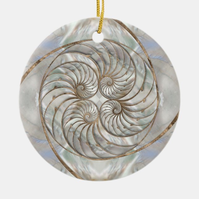 Ornamento De Cerâmica Nautilus Shell - Mãe de Pérola e Ouro (Frente)
