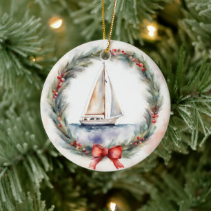 Ornamento De Cerâmica Nave-vela com aquarela em coroa de Natal