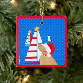 Ornamento De Cerâmica Navegando Papai Noel Cachorro Amarelo e Amigo de P