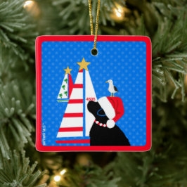 Ornamento De Cerâmica Navegando Papai Noel Cachorro Preto e Amigo de Pás