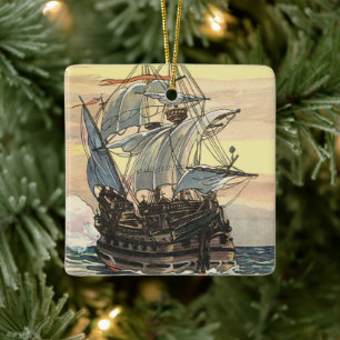 Ornamento De Cerâmica Navio Pirata Antigo, Galeão Navegando no Oceano