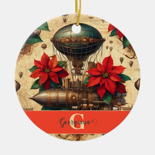 Ornamento De Cerâmica Navio Steampunk Personalizado com Poinsettia (Frente)