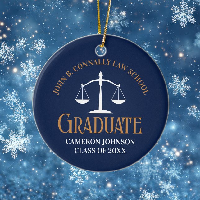 Ornamento De Cerâmica Navy Blue Gold Law School Graduation 2 Sided (Criador carregado)